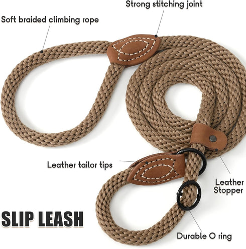 Mile High Life Slip Leads for Dogs | Heavy Duty Dog Training Leash | 4 Feet No Pull Slip Leashes w Leather Tip | Brown Rope Lead for Dogs Outside...