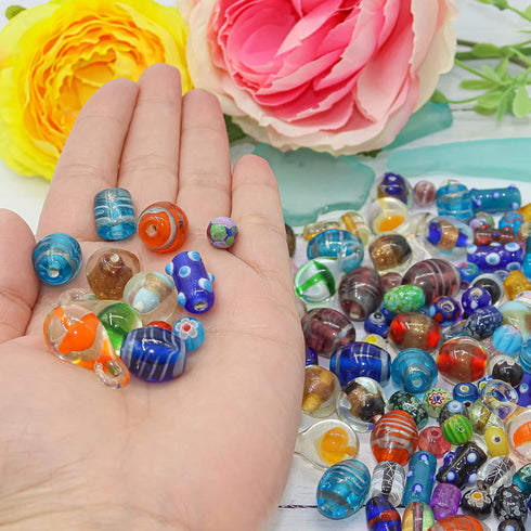 Fun-Weevz 50 PCS Assorted Glass Beads for Jewelry Making Adults, Large and Small Bulk Glass Beads for Crafts, Craft Lampwork Murano Bead Mix for B...