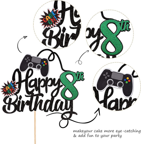 1 PCS Video Game Happy 8th Birthday Cake Topper Glitter Video Game Cake Pick Game On Controllers Eight Cheers to 8 Years Cake Decoration for Happy...