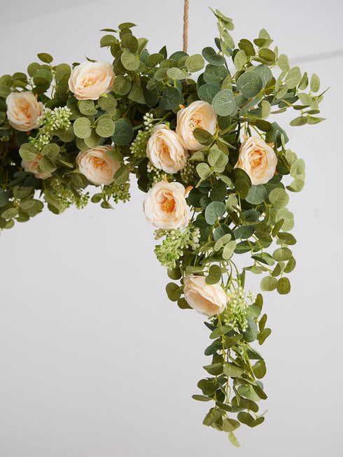 PARTY JOY 6.56ft Eucalyptus Garland with Flowers-8 Champagne Roses-Lush,Natural Looking, Floral Garland Greenery for Party Wedding Table Indoor Ou...
