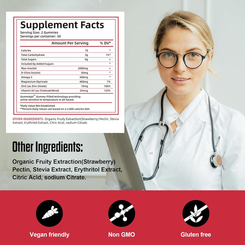 Inositol Gummies, Inositol Supplement with Myo-Inositol & D-Chiro Inositol + Vitamin D3, Ideal 40:1 Ratio, with Magnesium Glycinate 400mg, Support...