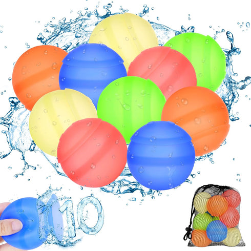 10Pcs Reusable Water Balloons, Water Ball for Beach Toys, Summer Toys, Easy Quick Fill & Self-Sealing Water Bombs, Soft Silicone Water Splash Ball...