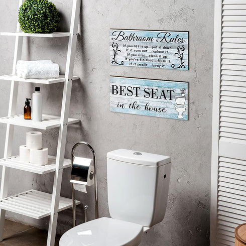 Jetec 2 Pieces Funny Bathroom Pictures Wall Sign Decor Farmhouse Bathroom Rule Wall Art Toilet Rustic Decoration Best Seat Wooden Sign(Fresh Style...