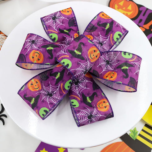 3 Rolls 15 Yards Halloween Ribbon Wired Edge Ribbons 2.5 inchSpider Web Skull Pumpkin Ribbons ?Purple Orange Black Burlap Ribbon ?for Wreath Home ...