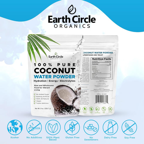 Earth Circle Organics Pure Coconut Water Powder | Coconut Electrolyte Powder for Energy and Hydration Supplement | No Additives | Unsweetened | Ve...