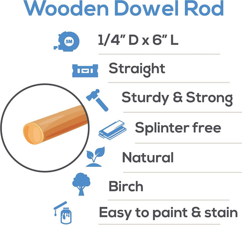 Dowel Rods Wood Sticks Wooden Dowel Rods - 1/4 x 6 Inch Unfinished Hardwood Sticks - for Crafts and DIYers - 50 Pieces by Woodpeckers...