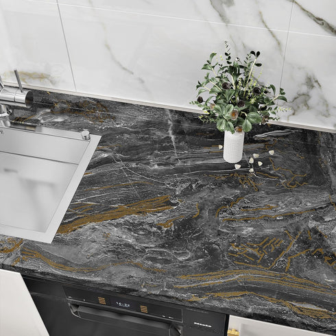 Black/Gold Marble Contact Paper for Countertops Slate Gold Marble Wallpaper Peel and Stick Glossy Waterproof Marble Wall Paper for Cabinets Shelf ...