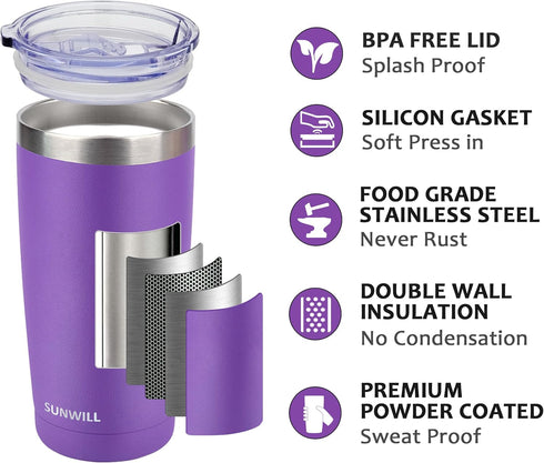 SUNWILL Travel Coffee Tumbler 20 oz, Insulated Mug with Lid, Stainless Steel Cup for Hot and Cold Drinks, Powder Coated Purple...
