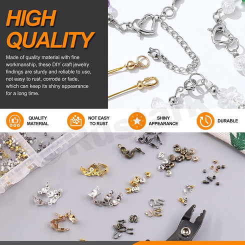 1501Pcs Crimp Beads Covers with Bead Crimping Pliers Tool Assortment Kit Brass Crimp Beads Tips Knot Covers Wire Guardians Fold Over Clamshell Cri...