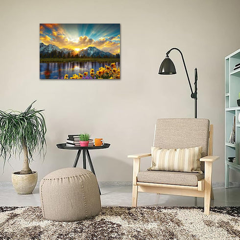 SKASNFAI Grand Teton National Park Wall Art Sunflower Landscape Canvas Mountain Artwork Landscape Print for Living Room Framed (12x16 inch)...