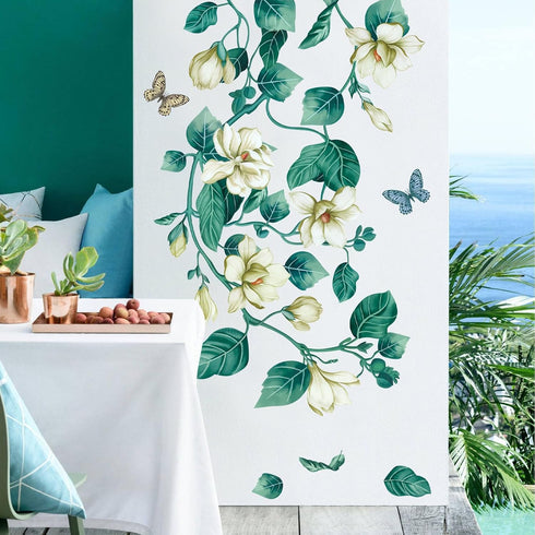 Amaonm Removable DIY 3D Blue Flower Vine White Floral Leaf Art Decor Kids Room Wall Sticker Girls Teens Bedroom Living Room Wall Decals Nursery Ro...