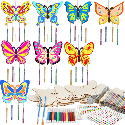 16 Pack Butterfly Wind Chime Kits Butterfly Crafts for Kids Make Your Own Butterfly Wind Chime Wooden DIY Arts and Crafts for Summer Party School ...