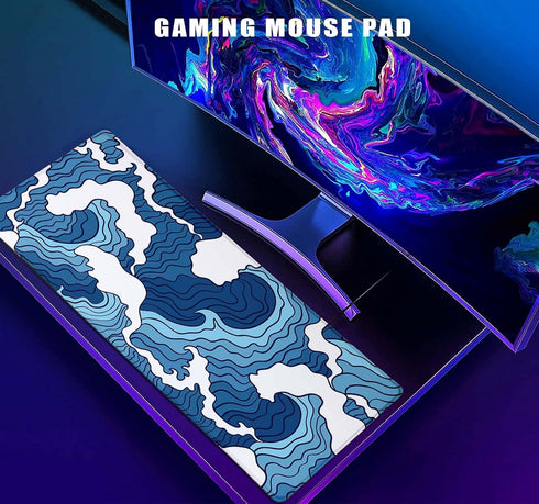 Japanese Blue and White Wave Gaming Mouse Pad XL - Non Slip Rubber Base Large Mousepad - Waterproof Stitched Edges Desk Pad, Extended Mice Pad, 31...