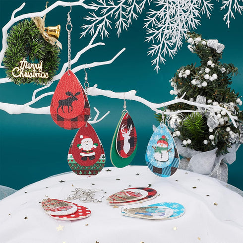 SUNNYCLUE 1 Box DIY 8 Pairs Christmas Faux Leather Earrings 2 Layered Xmas Leather Pendants Faux Leather Teardrop Long Dangle Earrings & Earring H...