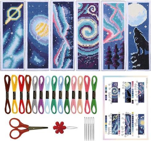 ORIGACH 6 Set Cross Stitch Bookmark Kit for Beginner Starry Sky Pattern DIY Stamped Embroidery Bookmark Kit with 20 Colors Embroidery Floss Instru...