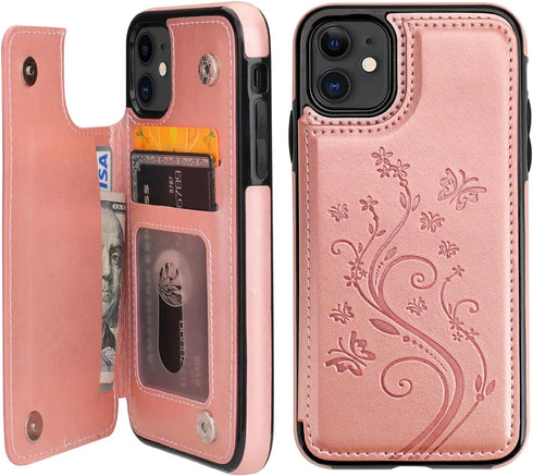 Vaburs Compatible with iPhone 11 Case Wallet with Card Holder, Embossed Butterfly Premium PU Leather Double Magnetic Buttons Flip Shockproof Prote...