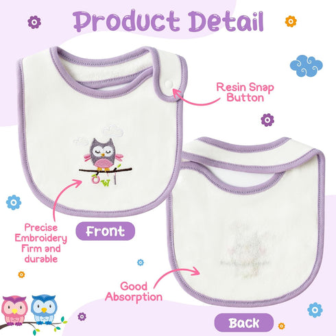 Cotton Drooling Baby Bib - 3Pcs Unisex Boy Girl Cotton Teething Infant Bibs with Adjustable Buttons Purple Owl Toddler Food Bibs Keepsake Baby Gif...