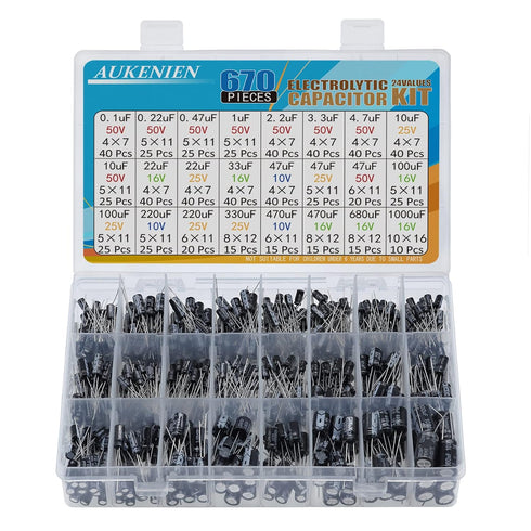AUKENIEN Electrolytic Capacitor Kit 24 Values 670pcs Aluminum Industrial Electrical Radial Capacitors Assortment Set from 0.1uF to 1000uF 10V 16V ...