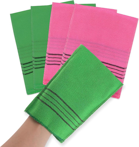 4PCS Exfoliating Body Scrubber, Korean Asian Exfoliating Bath Washcloths Mitt Viscose Rayon Towel Glove Bath Sponge for Dead Skin (2Green+2Red)...