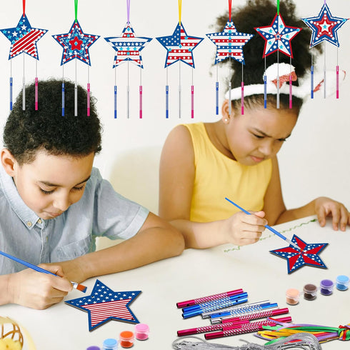 Sheroll 30 Pack 4th of July Wind Chime Kit for Kids DIY Craft Make Your Own Patriotic Star Wooden Wind Bell Decoration for Girls Boys Art Ornament...