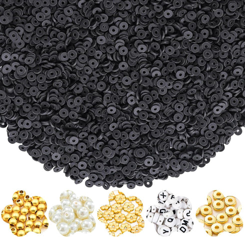 4500pcs Black Clay Beads for Bracelet Making Kit Including 6mm Flat Polymer Clay Heishi Beads and Gold Bead Pearls Spacers Letter Beads for Jewelr...