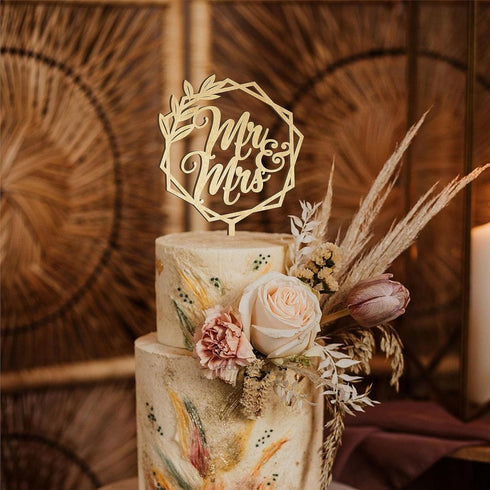 Mr and Mrs Wedding Cake Toppers Bride Groom Cake topper for Wedding Wooden Wreath Rustic Hexagon Funny Decoration Mr&Mrs Sign Gold Silver Brown (U...