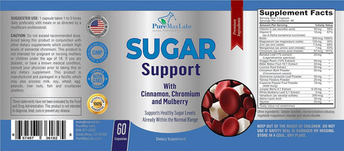 Sugar Support Supplement with Cinnamon, Chromium, Mulberry, Alpha Lipoic Acid - 20 Herbs & Vitamins - Non-GMO, 60 Capsules...