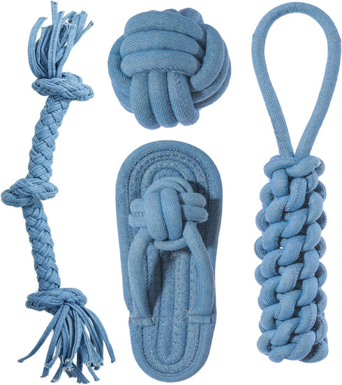 Pet Rope Toy, Dogs Aggressive Chewers Rope Toy for Small to Large Dogs, Puppy Teething Chew Pull Toy, Denim + Cotton, Tug of War Toys for Dogs (4 ...