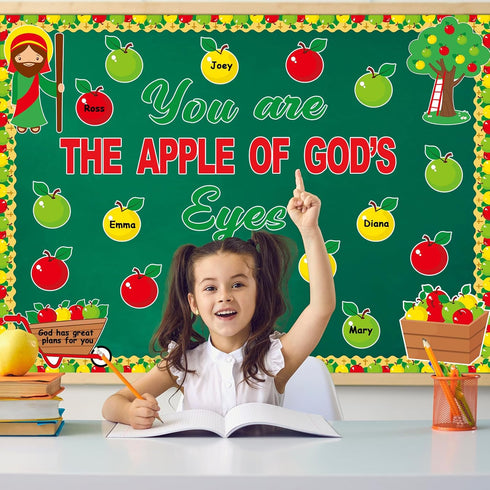 gisgfim Christian Jesus Bulletin Board Decoration Set Religious Apple Borders Cutouts Welcome back to school Decor Sunday School Classroom Door Pa...