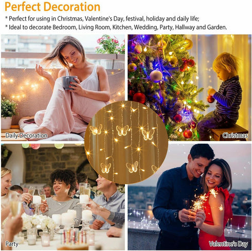 Lainin USB Powered 13FT 96 LED Curtain Lights 16 Butterflies Twinkle Lights 8 Modes Fairy Light Strip for Party Indoor Outdoor Room Garden Wedding...