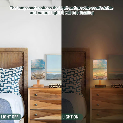 Starfish Summer Beach Bedside Table Lamp for Bedroom Nightstand, Small Eye Care LED Desk Reading Lamp USB Port Wood Base Round Flaxen Fabric Shade...