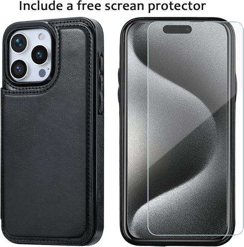 Wallet Case Compatible with iPhone 15 Pro Max(6.7"),Slim Protective case with Card Holder with 1 Screen Protective Glass,Premium PU Leather Kickst...
