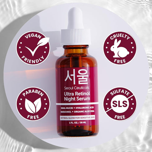 SeoulCeuticals 1% Korean Retinol Night Serum for Face - 97.5% Snail Mucin + Hyaluronic Acid + Bakuchiol, Cruelty Free K Beauty for Sensitive Skin ...