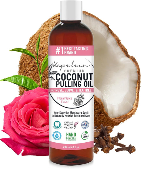 Coconut Pulling Oil for Teeth and Gums Mouthwash, 100% Pure and Natural, Non-GMO, Ayuverdic – Refreshing Rose Clove Essential Oils...