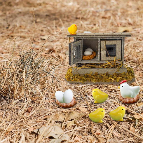 Miniature Retro Wooden Chicken Coop Mini Family Chicken,Hen,Chick,Egg,Chicken Nest Ornament Micro Landscape Fairy Garden Decor...