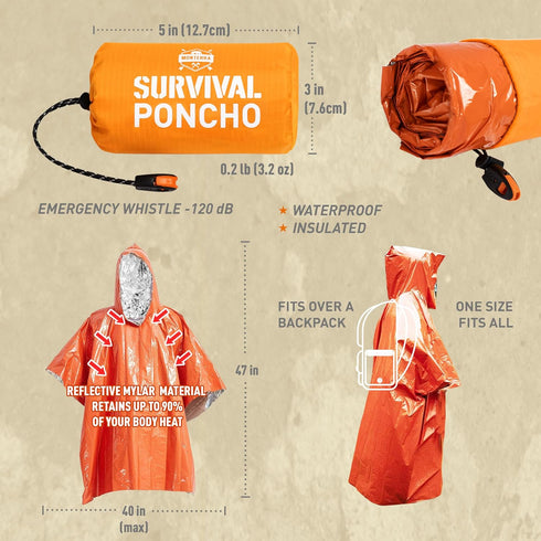 Emergency Survival Poncho. 2 Thermal Mylar Space Blanket Rain Ponchos. Camping Accessories, Outdoor Survival Gear....