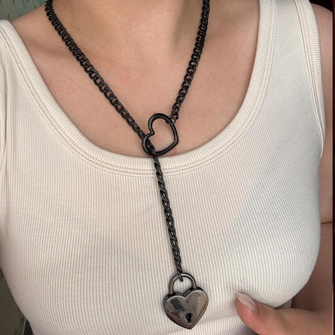 Heart O ring Slip Chain Necklace for Women Stainless Steel Cuban Chain Heart Necklace Punk Rock Collar Necklace Handmade Adjustable Lariat Y Neckl...