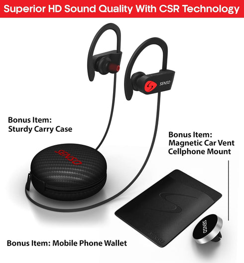 Senso Bluetooth Headphones, Best Wireless Sports Earbuds w/Mic IPX7 Waterproof HD Stereo Sweatproof Earphones for Gym Running Workout Noise Cancel...
