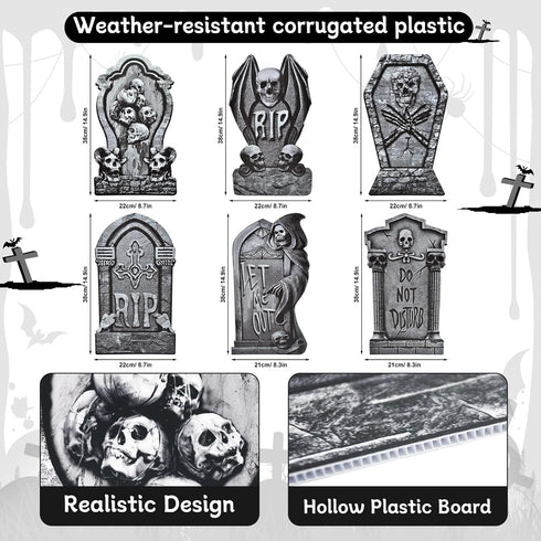 6-Piece Halloween Tombstone Yard Signs with Stakes - Large Eerie Graveyard Design, Spooky Skulls and RIP Messages for Haunted House, Outdoor Garde...