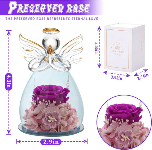 ANLUNOB Preserved Rose Birthday Gifts for Women Mom Grandma Wife, Glass Angel Figurines Gifts with Pretty Purple Flowers for Anniversary Wedding...