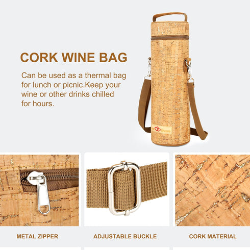 Insulated Wine Bag, Cork Single Bottle Wine Gift Bags, Cooler Carrier Tote Bag for Travel Party Beach Wedding Reusable & Recyclable...