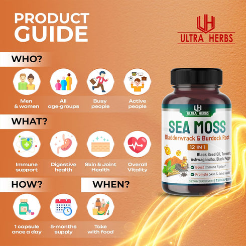 Organic Sea Moss Capsules 12,900mg with Black Seed Oil, Ashwagandha, Burdock Root, Bladderwrack for Immune System, Gut, Skin & Energy *USA made & ...