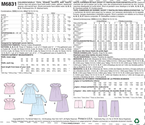 McCall's Pattern Company M6831 Children's/Girls' Tops, Gowns, Short and Pants Sewing Template, Size CHJ...