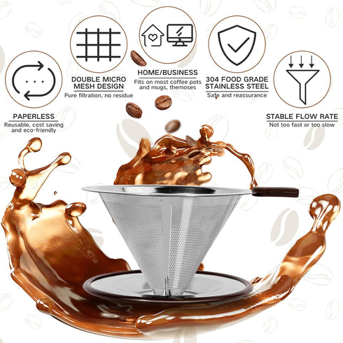 Pour Over Coffee Dripper?Reusable Stainless Steel Drip Cone Coffee Filter, Update Double Ultra Fine Micro Mesh Filter, Professional Paperless Drip...
