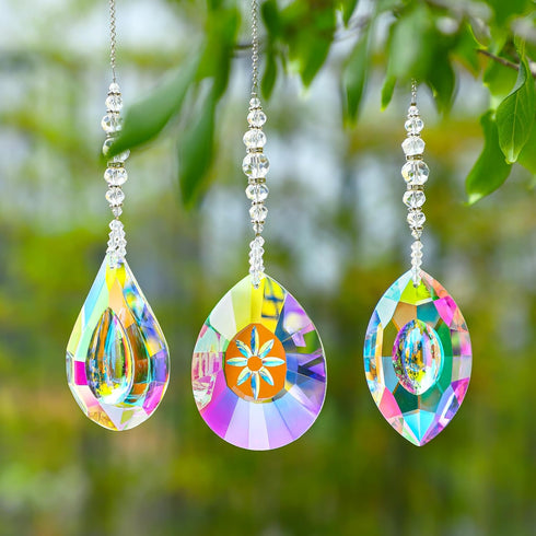 Crystal Suncatchers Hanging Crystals Rainbow 76mm Prisms Pendant with Chakra Beads for Window Indoor Outdoor Decor (Pack of 3)...