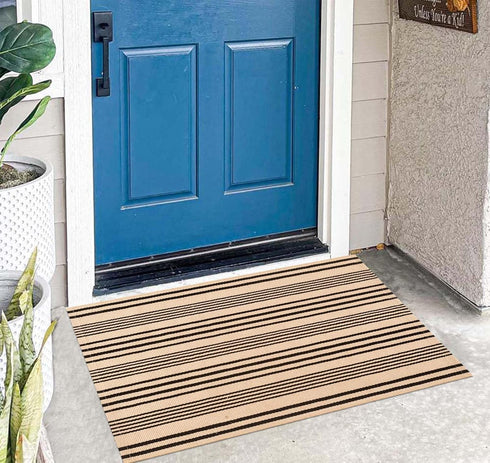 Black and Khaki Door Mat Outdoor Rug 24'' x 35'' Front Porch Rug Washable Entryway Rug Striped Layered Door Mats Hand-Woven Indoor/Outdoor Small A...