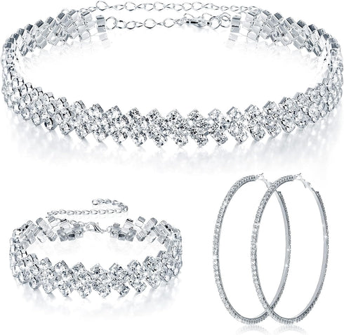 3 Pieces Women Rhinestone Jewelry Set Rhinestone Choker Necklace Crystal Bracelet Crystal Big Hoop Earrings for Wedding Bridal Party (Stylish 3 Ro...