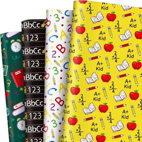 Whaline 12 Sheet Back to School Wrapping Paper Bulk Pencil Apple ABC Book Prints Gift Wrap Paper 19.7 x 27.6 Inch Folded Flat Art Paper for First ...