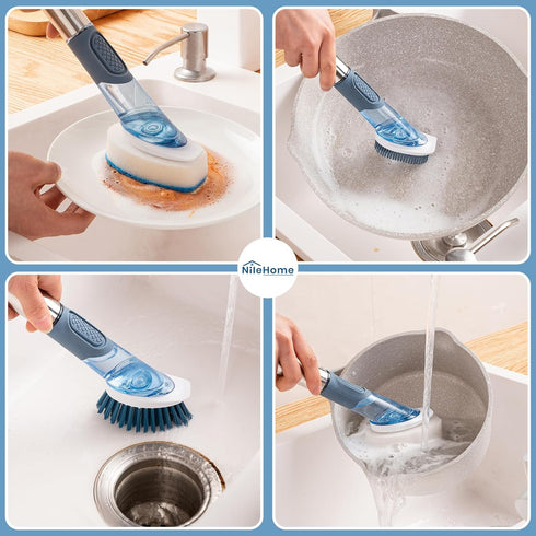 NileHome Soap Dispensing Dish Brush Set, Dish Scrubber with 4 Replaceable Heads Dish Brush with Handle for Pot Pan Sink Cleaning...
