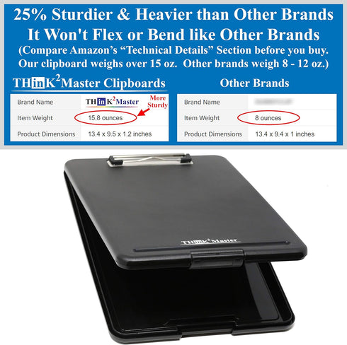 Think2Master Black Plastic Storage Clipboard. | 25% Heavier & 25% Sturdier| Heavy Duty and Won’t Flex or Bend Like Other Brands (Compare The Weigh...